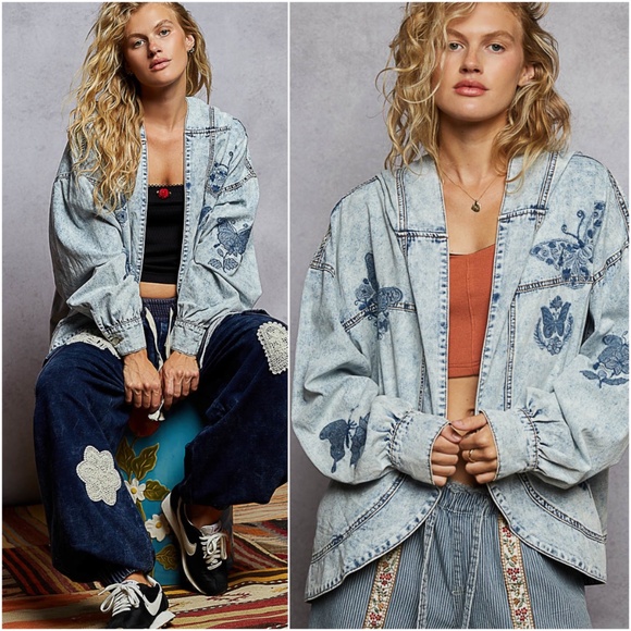POL Light Wash Butterfly Embroidered Open Front Denim Jean jacket - Picture 1 of 6